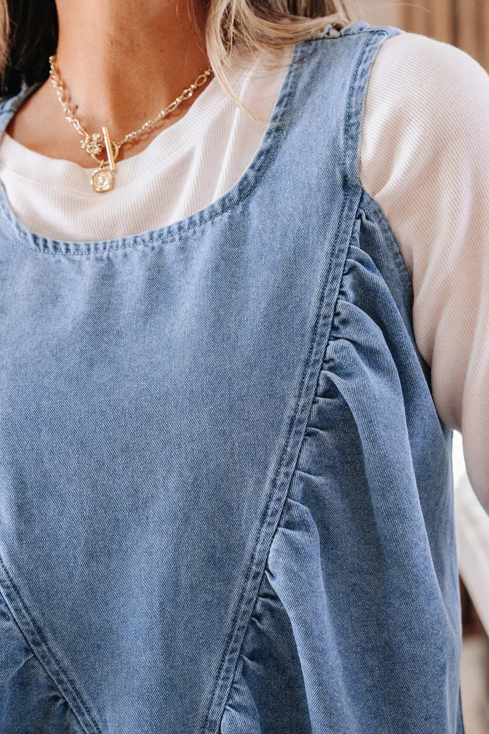 Denim Pleated Patchwork Sleeveless Top - Lilixa.store