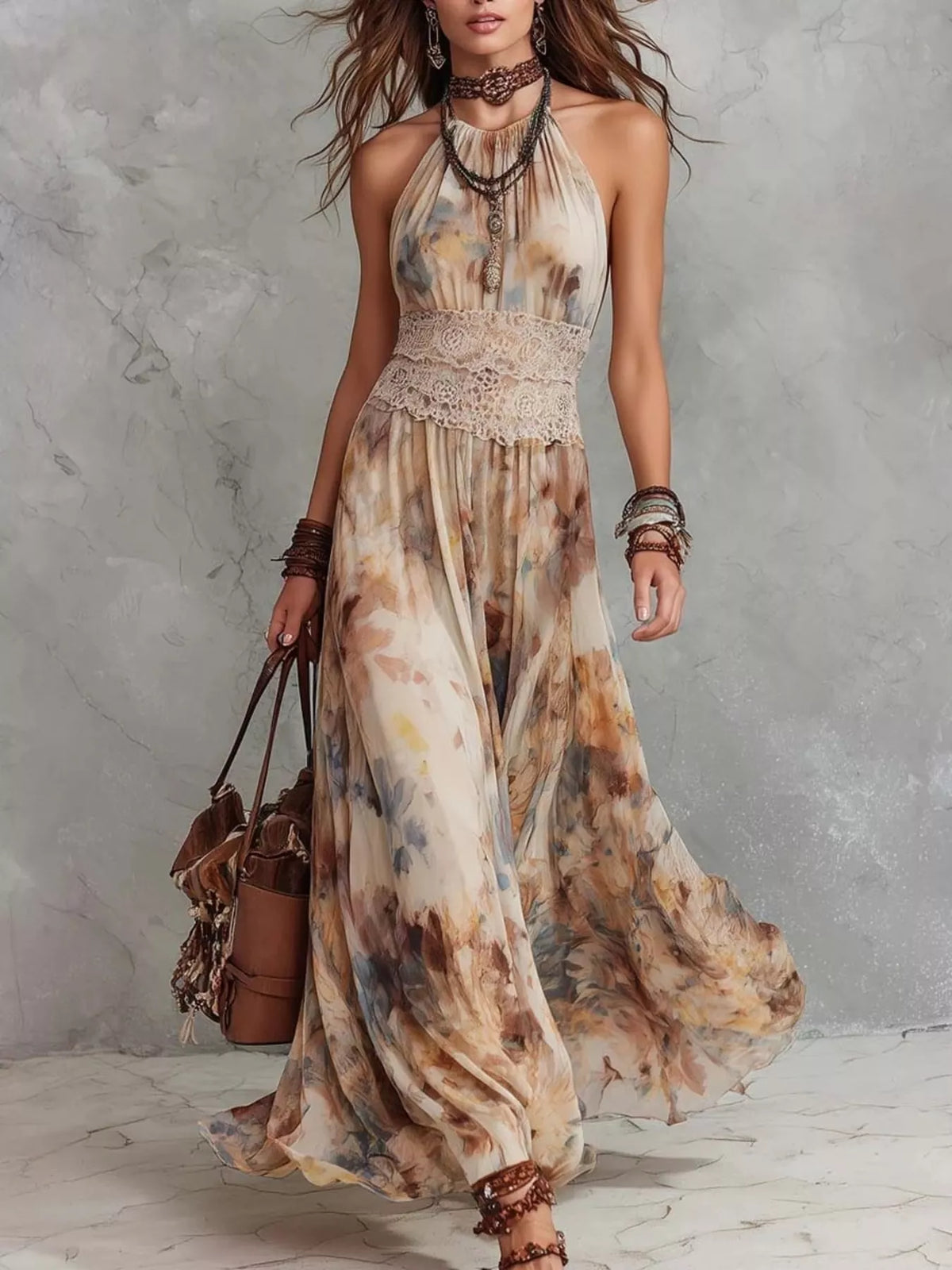 Floral Print Halter Neck Maxi Dress - Lilixa.store