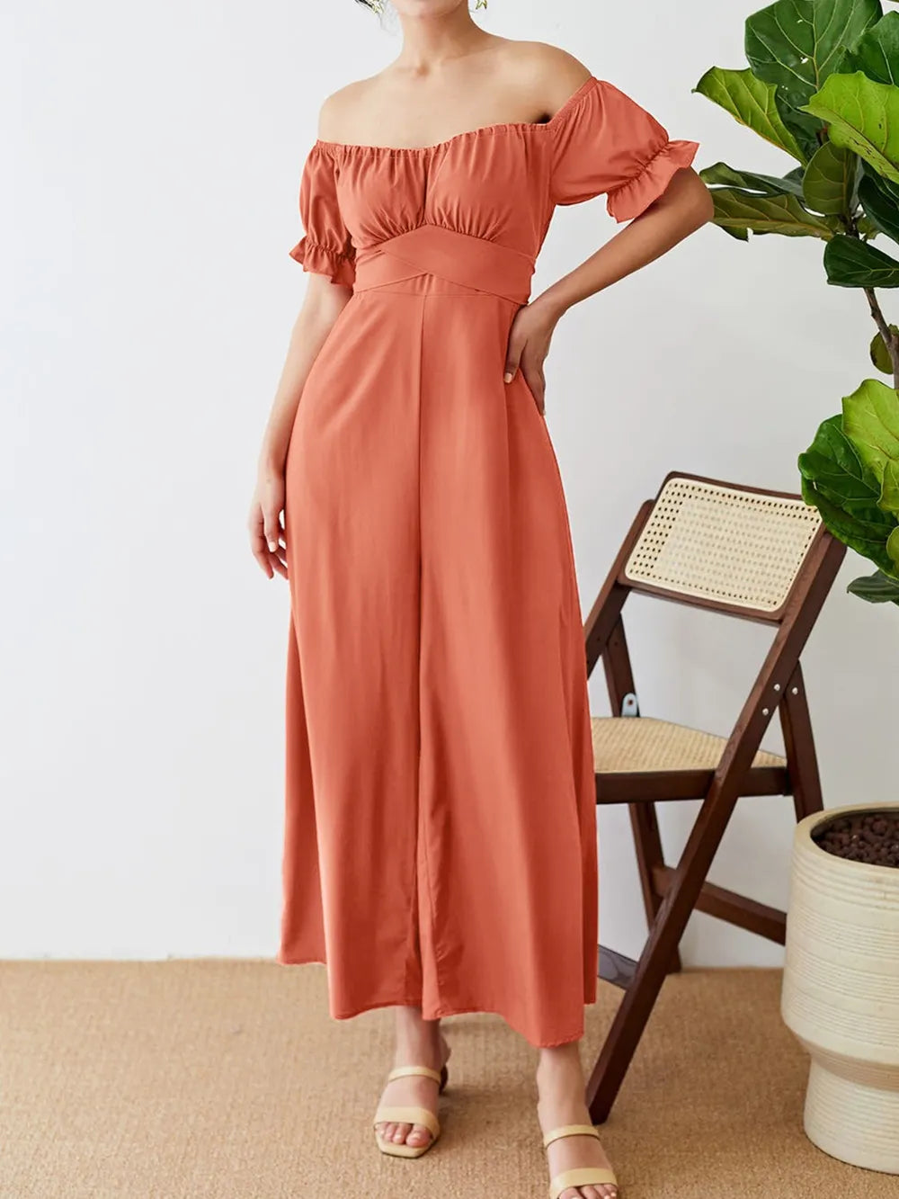 Off-Shoulder Short Sleeve Wide Leg Jumpsuit - Lilixa.store