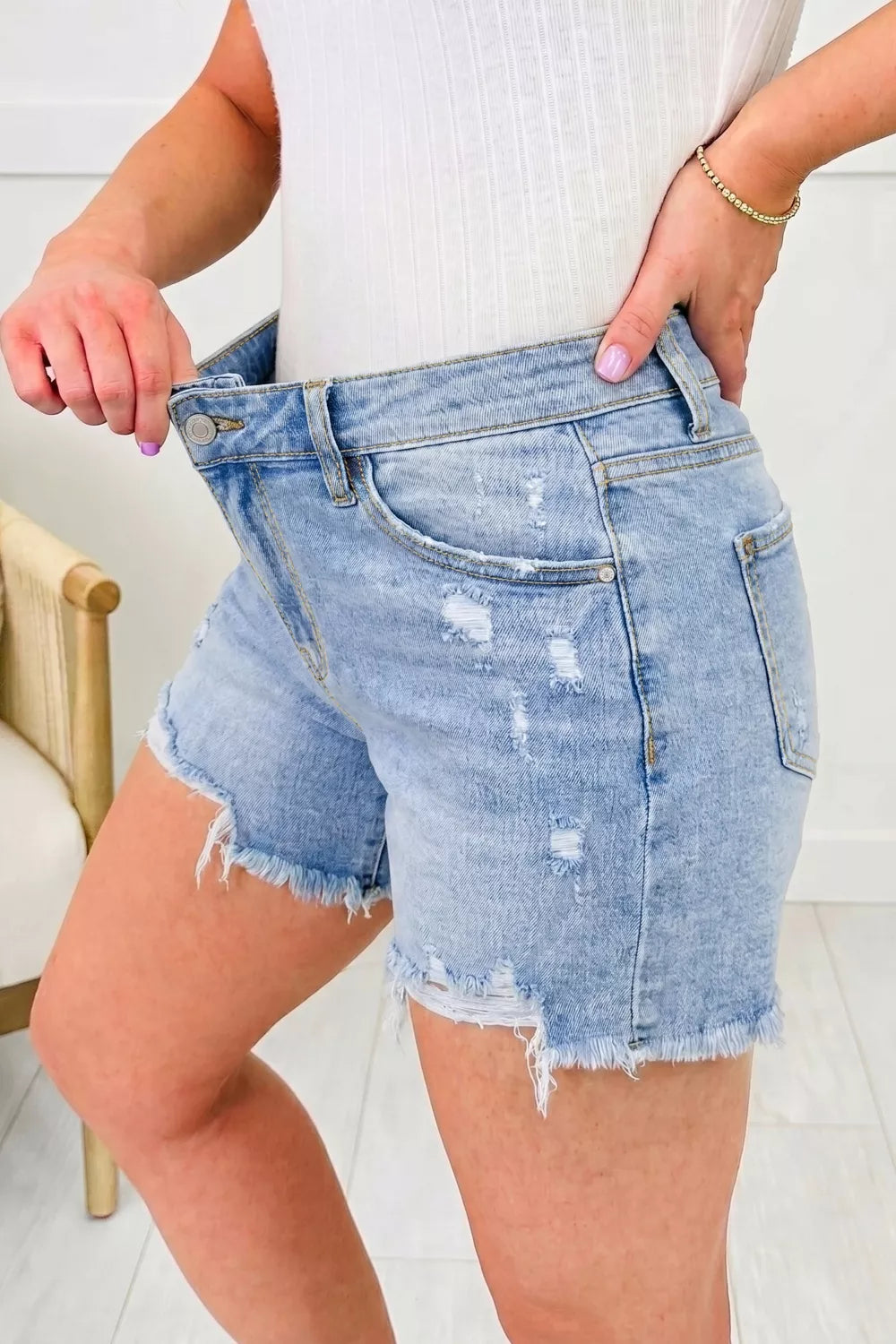 Asymmetric Raw Hem Distressed Whiskery Denim Shorts, view 4