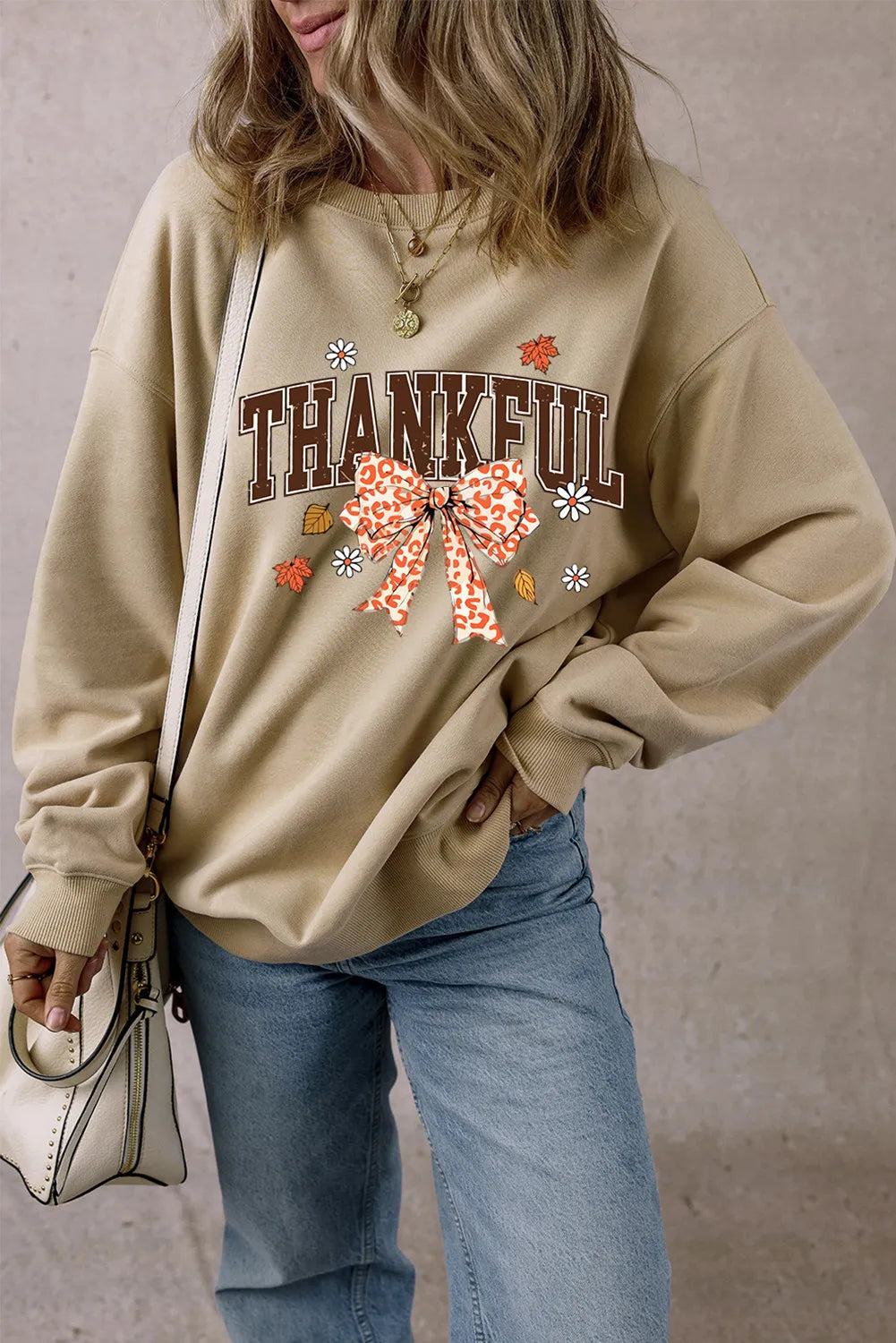 THANKFUL Bow Round Neck Long Sleeve Sweatshirt - Lilixa.store