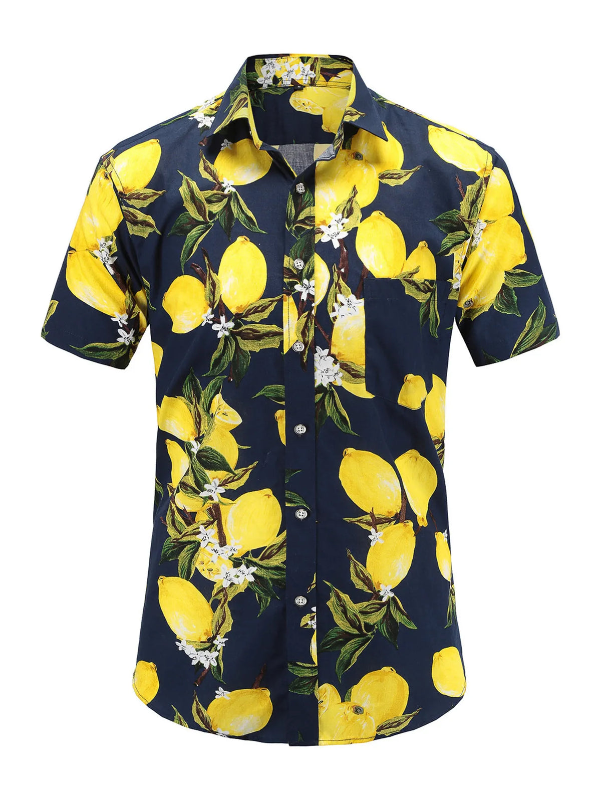Men's Full Size Lemon Print Short Sleeve Button-Down Shirt Plus Size in Canary Yellow
