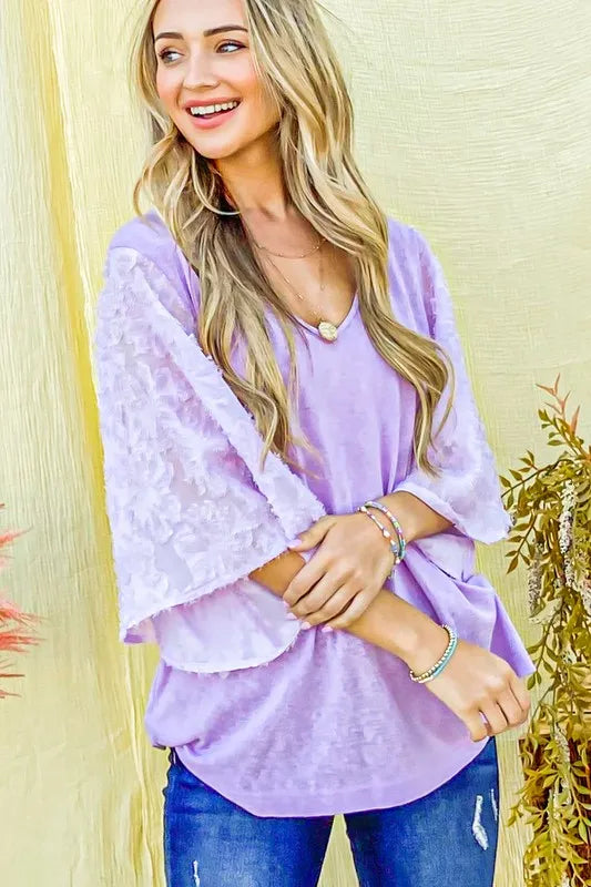 And The Why Feather Detailed 3/4 Sleeve Slub Top in Lilac, view 5