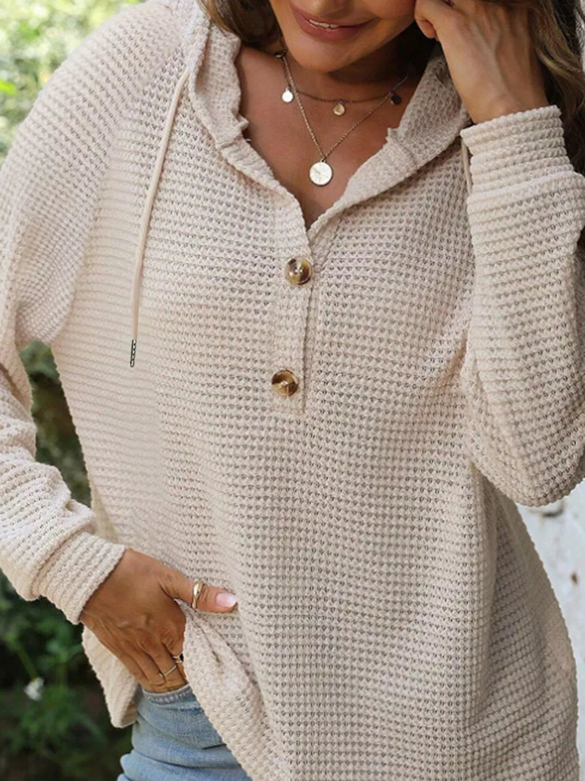 Casual Waffle Knit Button Detail Hoodie - Lilixa.store