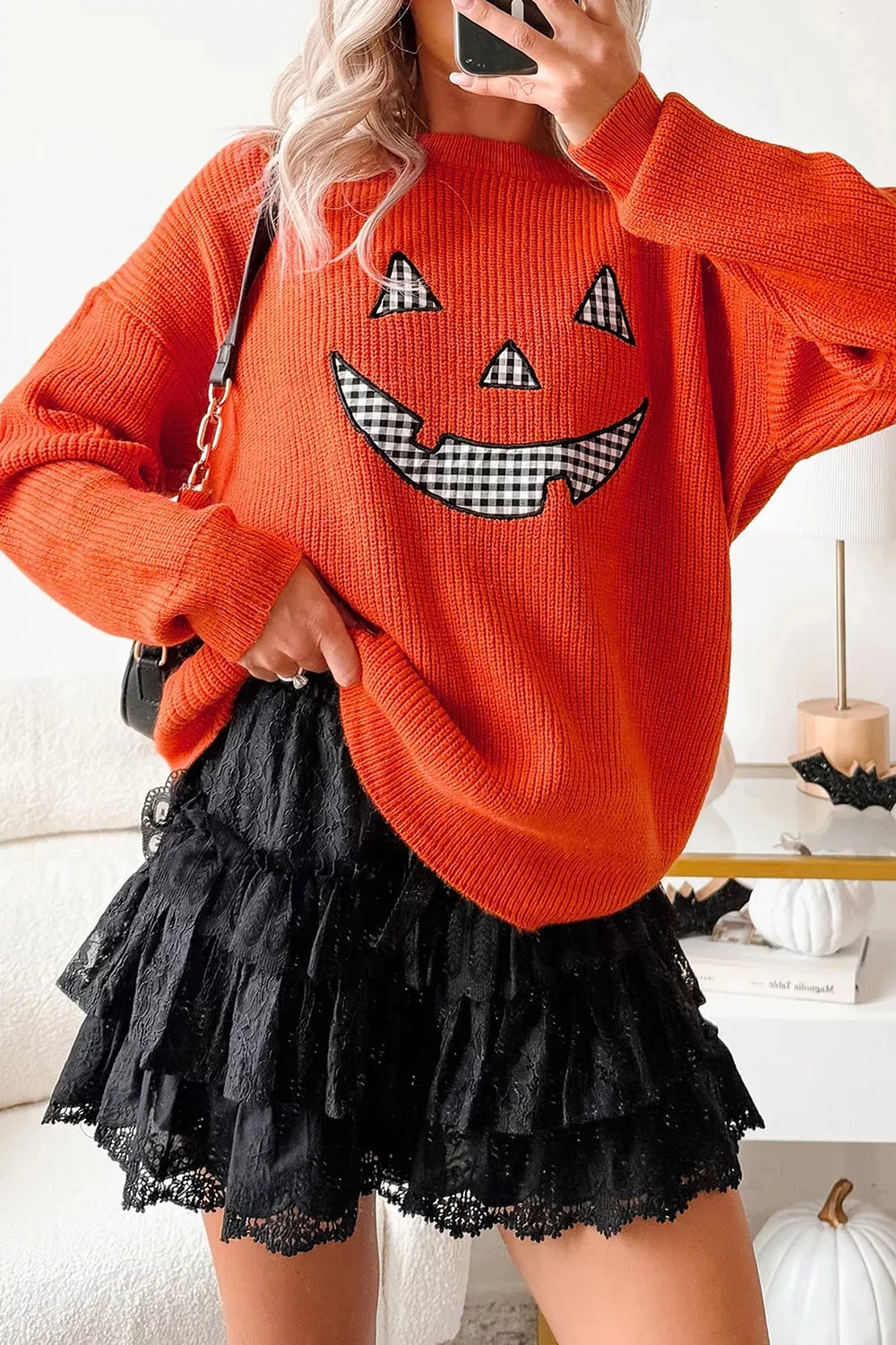 Drop Shoulder Long Sleeve Round Neck Halloween Sweater - Lilixa.store