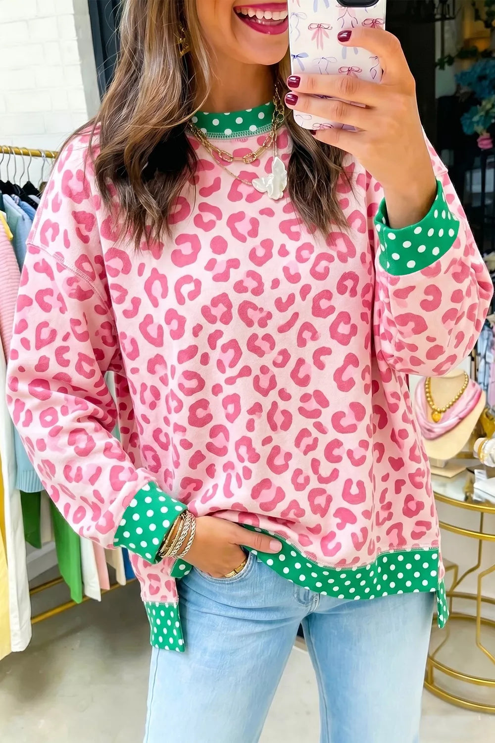 Leopard Polka Dot Trim Round Neck Sweatshirt in Blush Pink