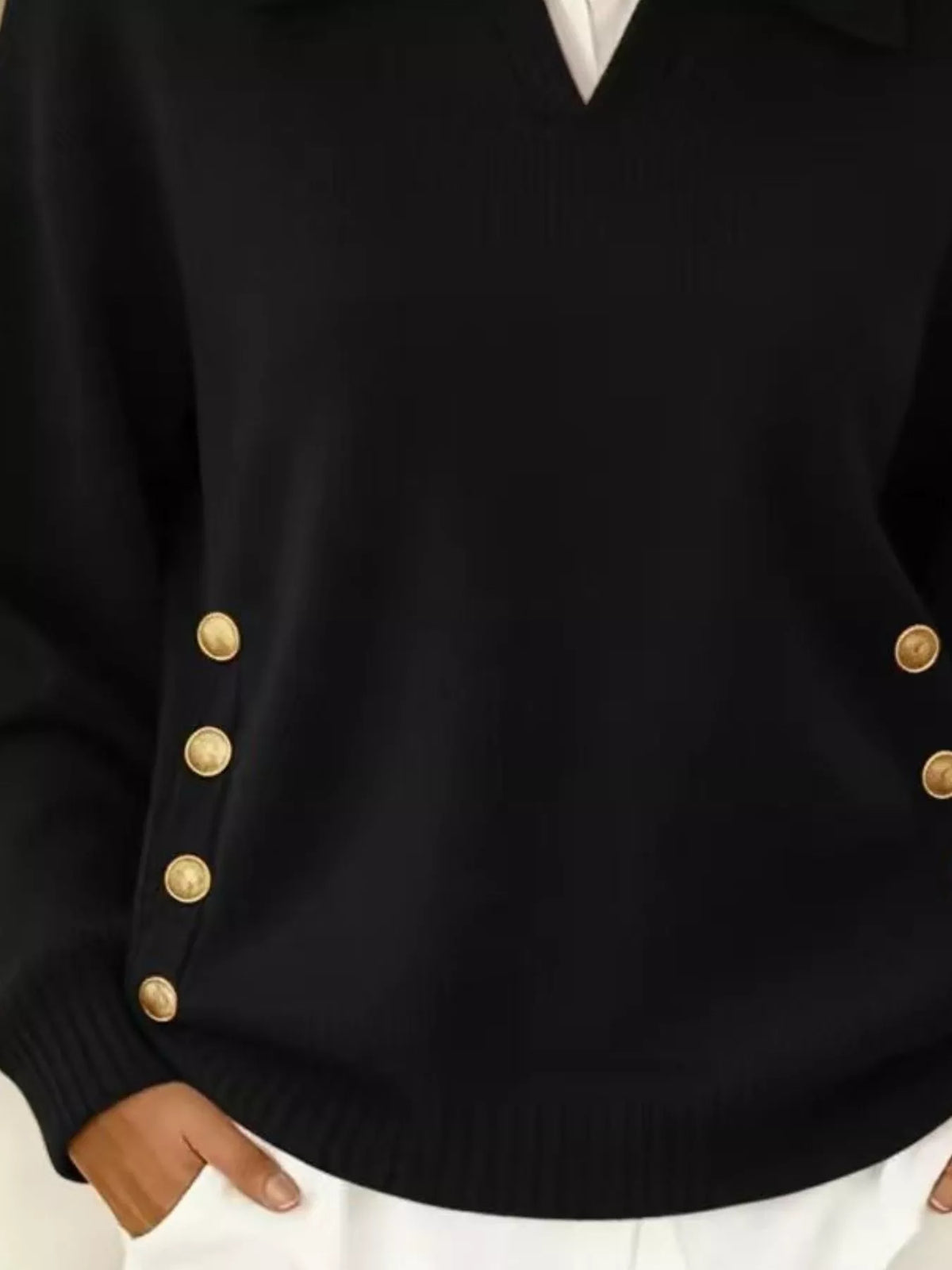 Full Size Decorative Button Dropped Shoulder Sweater Plus Size