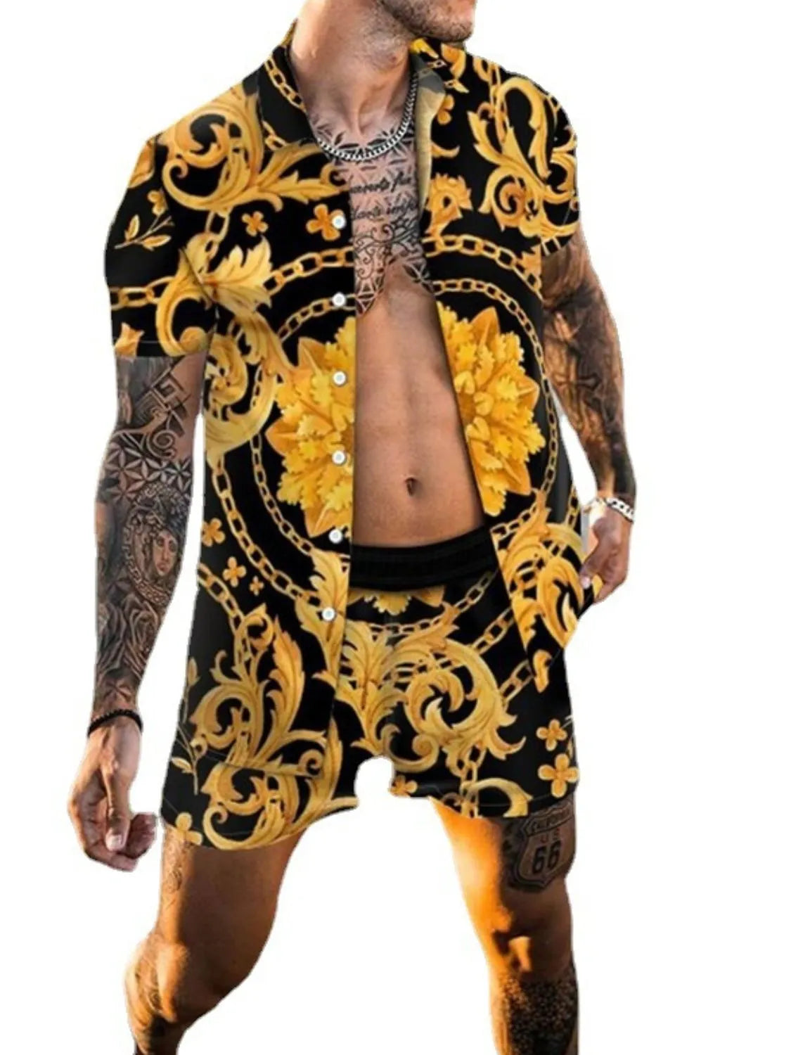 Men's Plus Size Printed Short Sleeve Shirt and Shorts Set in Gold, view 3