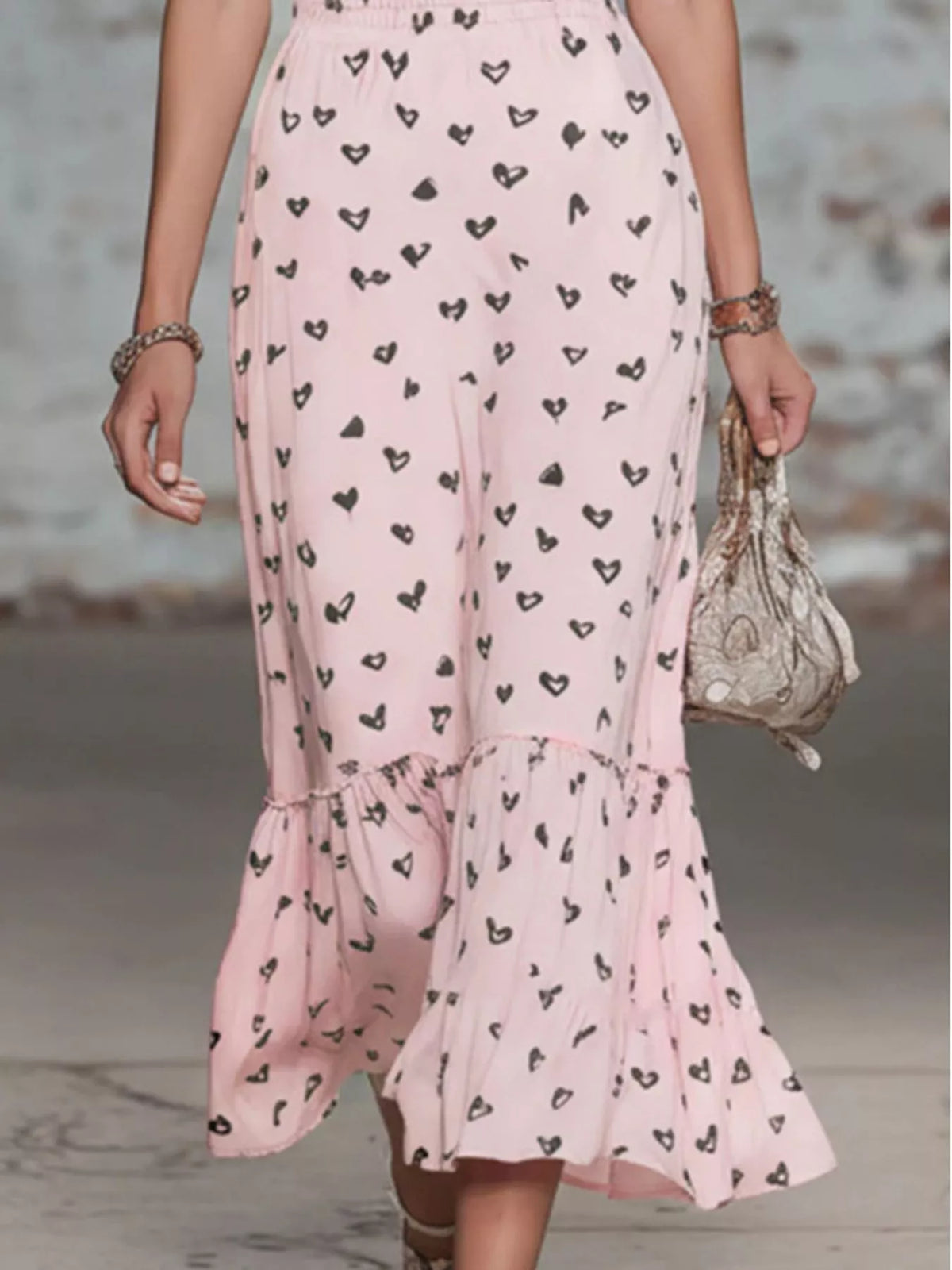 Heart-Print Cowl Neck Midi Dress