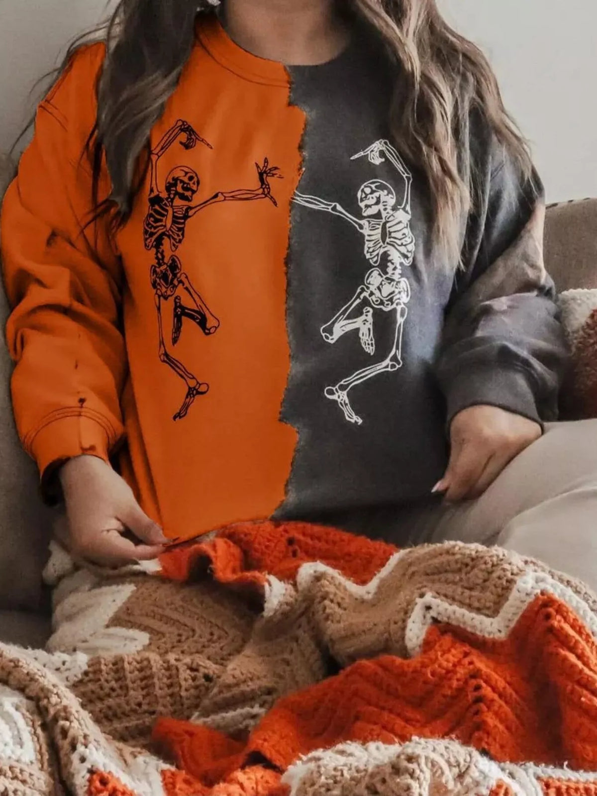Halloween Skeleton Print Color Block Sweatshirt in Orange