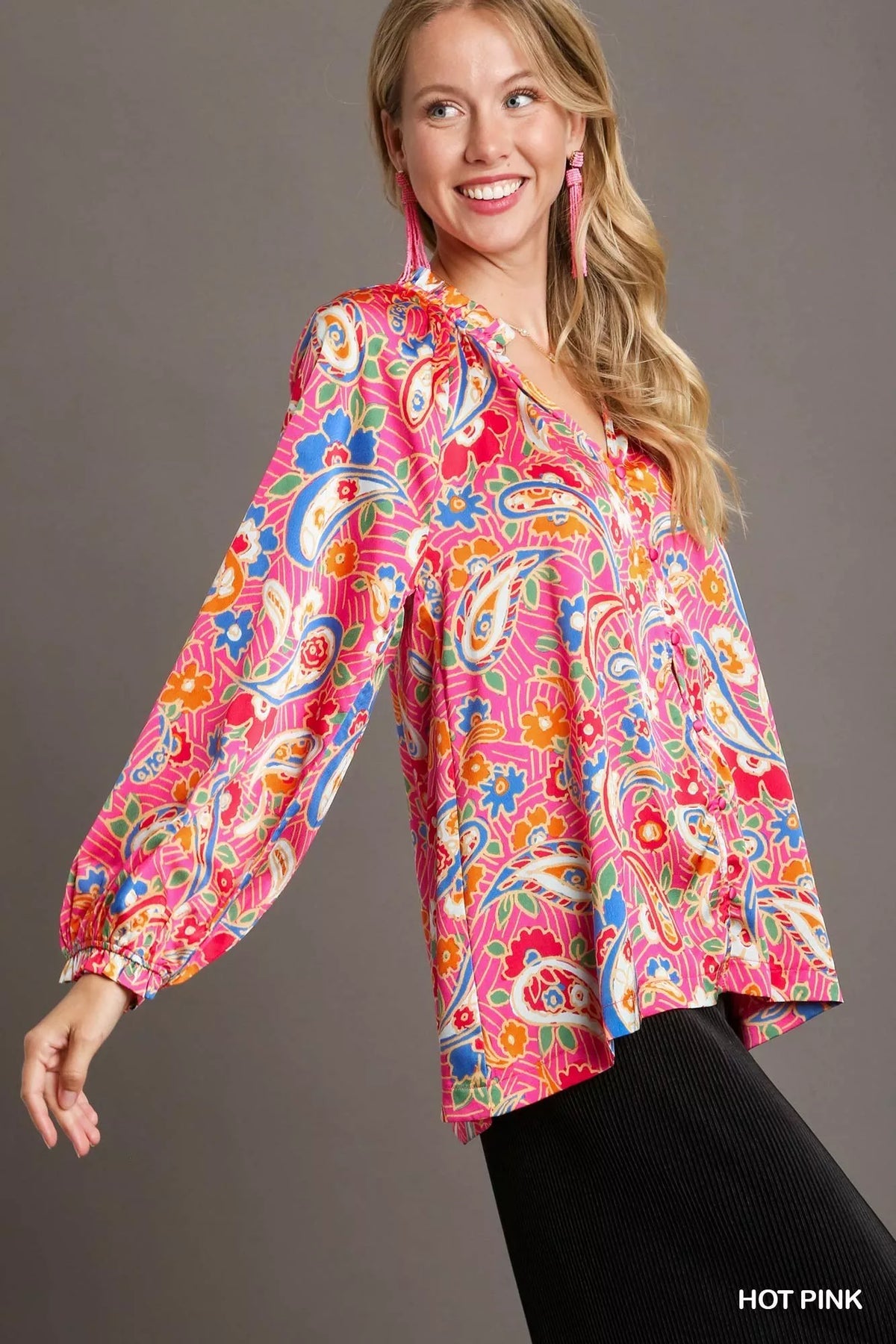 Umgee Full Size Satin Paisley Ruffle Neck Button-Up Shirt Plus Size in Hot Pink, view 3