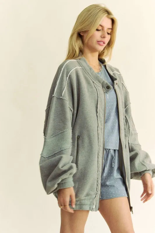 Davi & Dani Exposed Seam Zip Up Dropped Shoulder Jacket in Grey, view 2