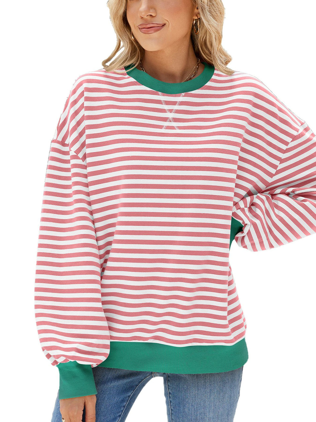 Striped Crew Neck Long Sleeve Sweatshirt in Blush Pink