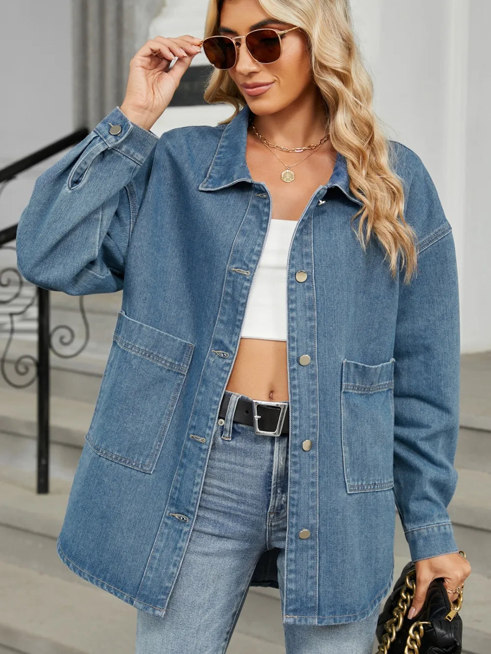 Removable Hood Button Up Long Sleeve Denim Jacket in Black