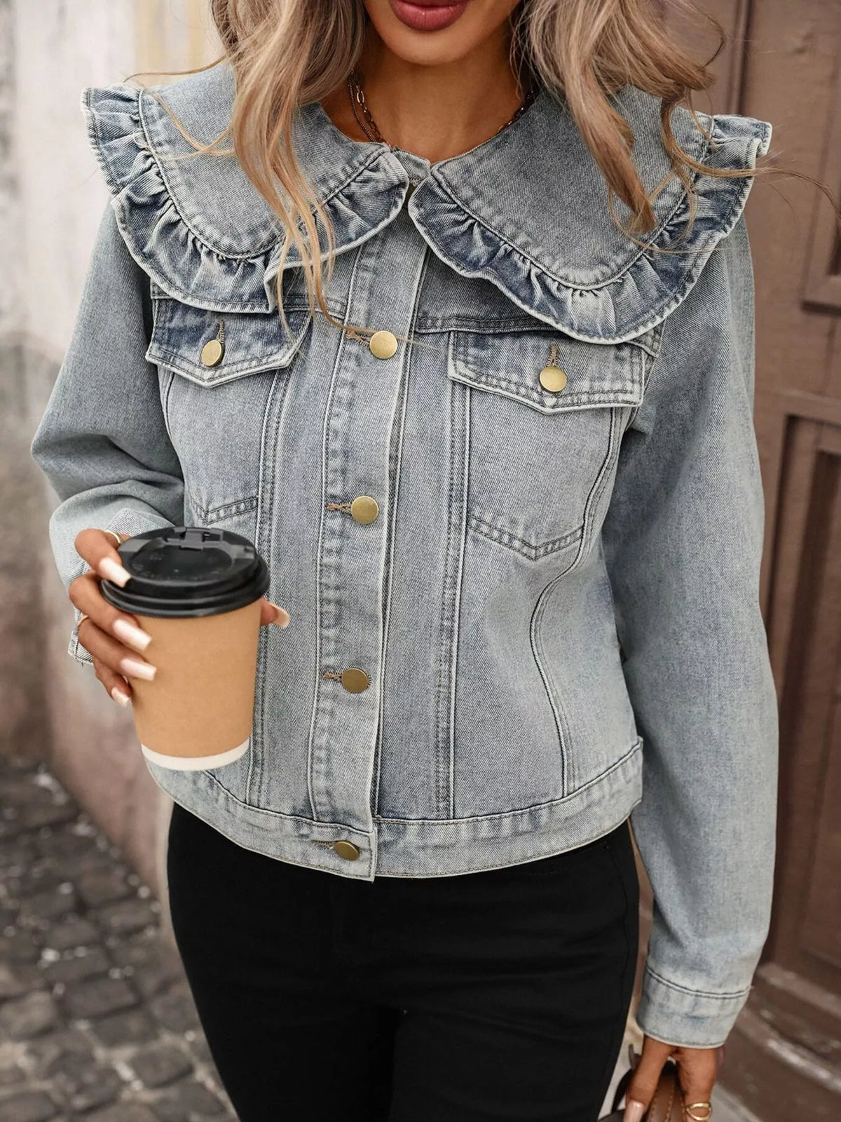 Floral Ruffle Collar Denim Jacket