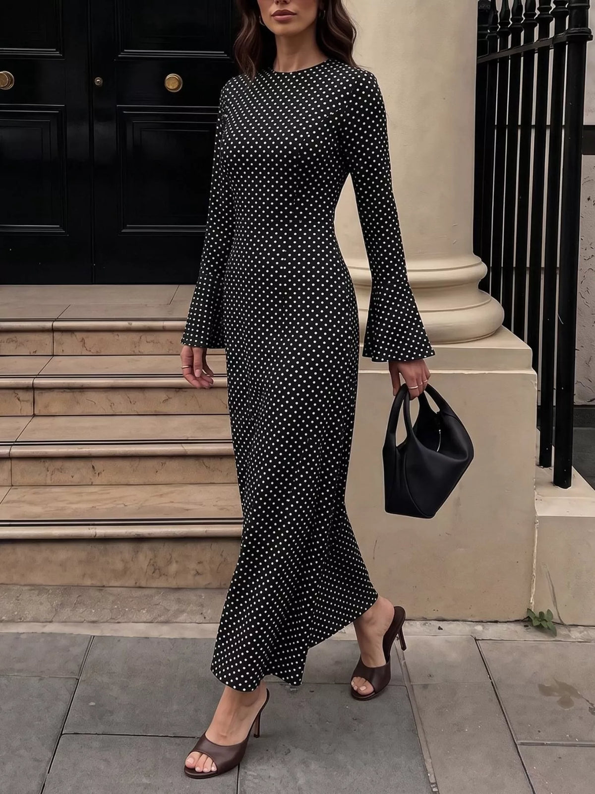 Polka Dot Flare Sleeve Maxi Dress - Lilixa.store