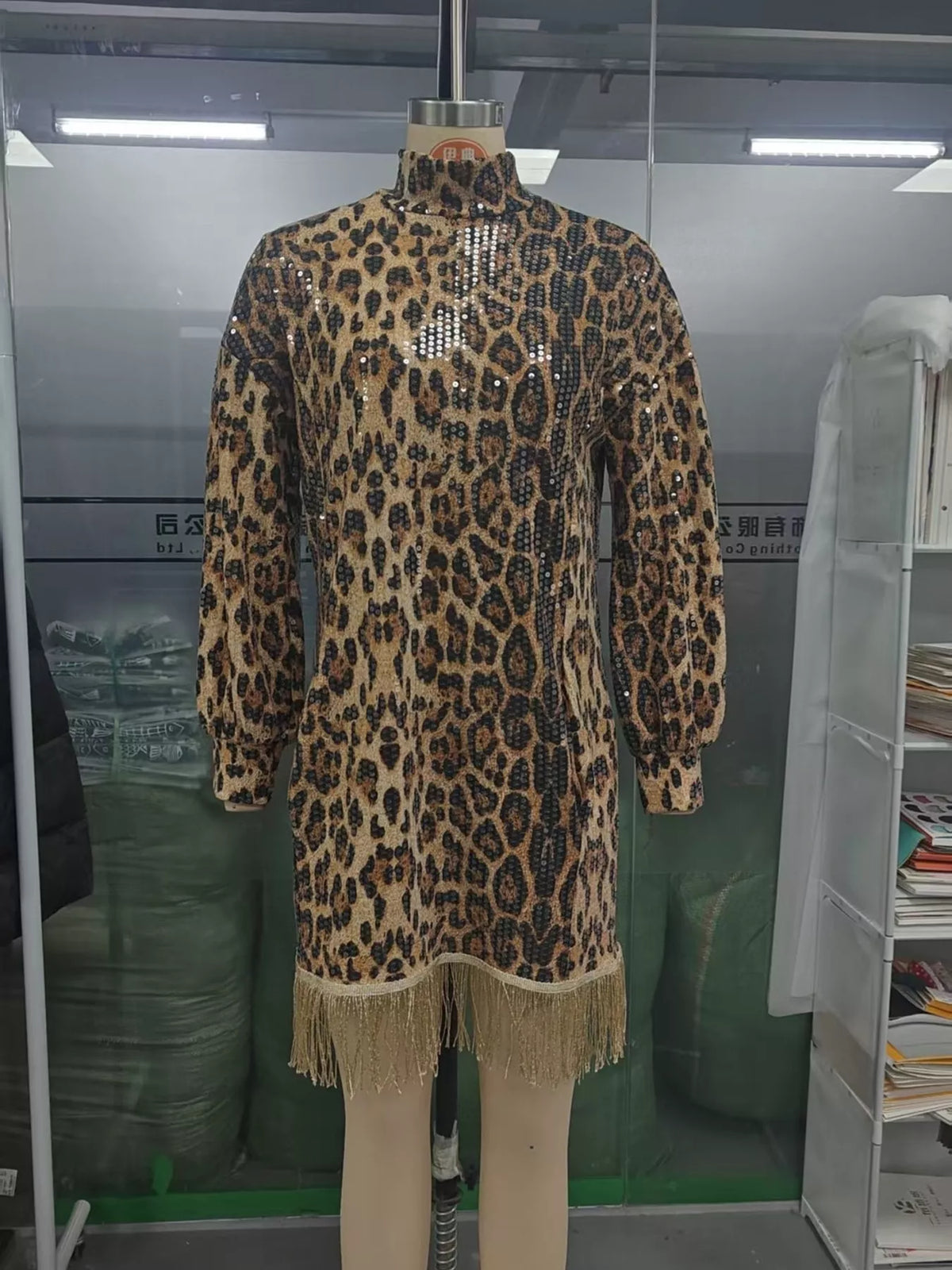 Full Size Leopard Sequin Mock Neck Fringe Hem Mini Dress Plus Size
