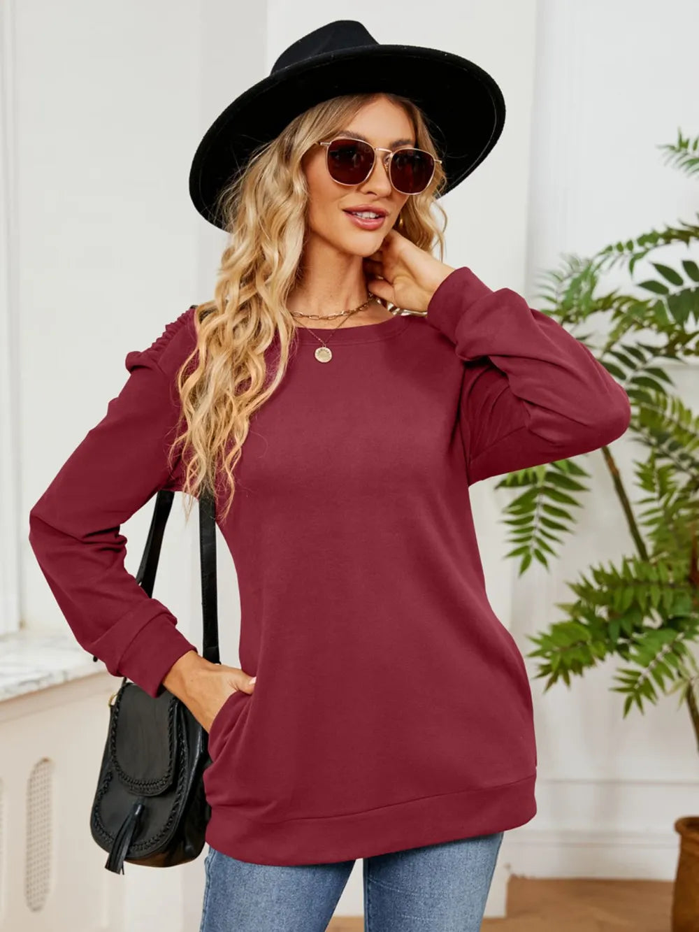 Ruched Shoulder Round Neck Long Sleeve Sweatshirt - Lilixa.store