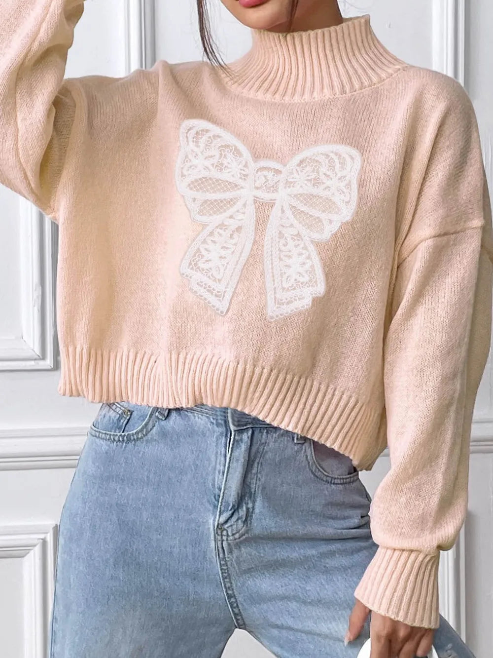 Bow Turtleneck Long Sleeve Sweater - Lilixa.store