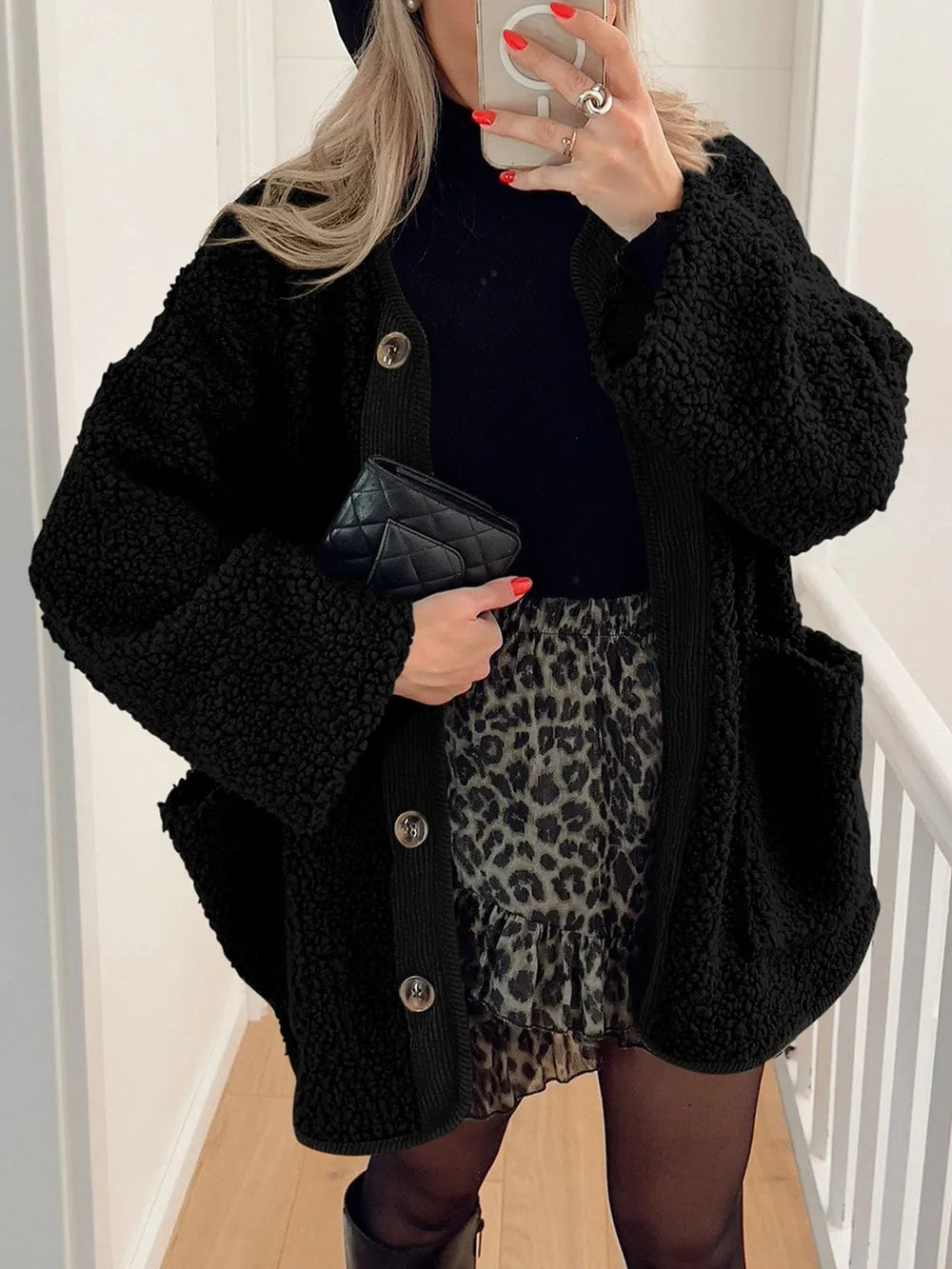Contrast Button Up Sherpa Jacket with Pockets, view 19