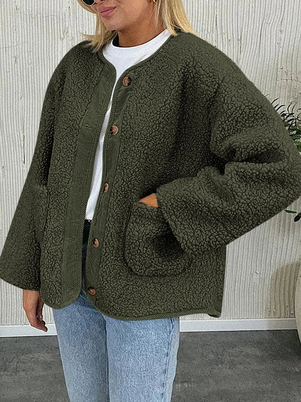 Contrast Button Up Sherpa Jacket with Pockets, view 6