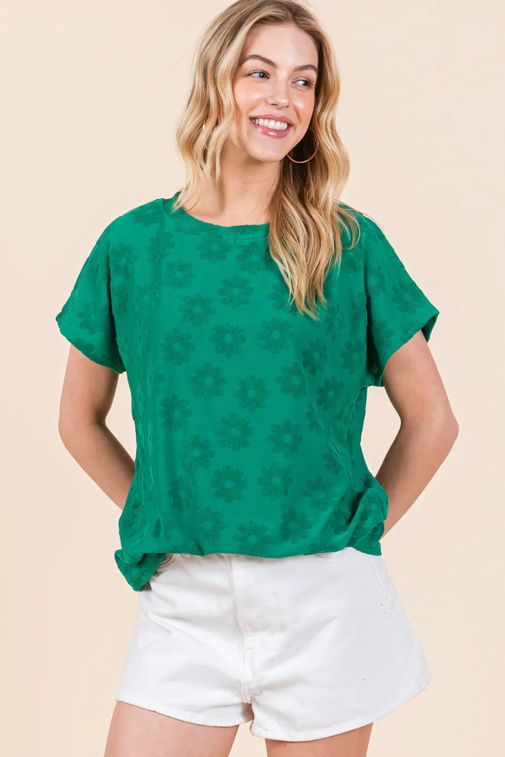 BOMBOM Textured Floral Pattern Short Sleeve T-Shirt - Lilixa.store