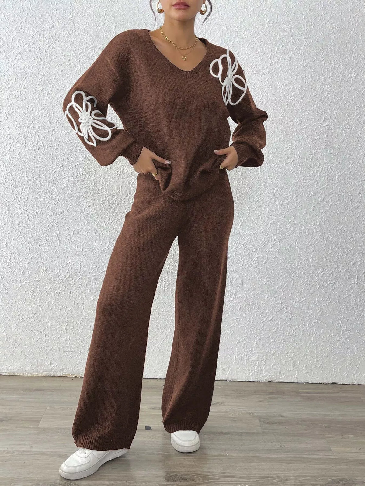 V-Neck Dropped Shoulder Top and Pants Sweater Set