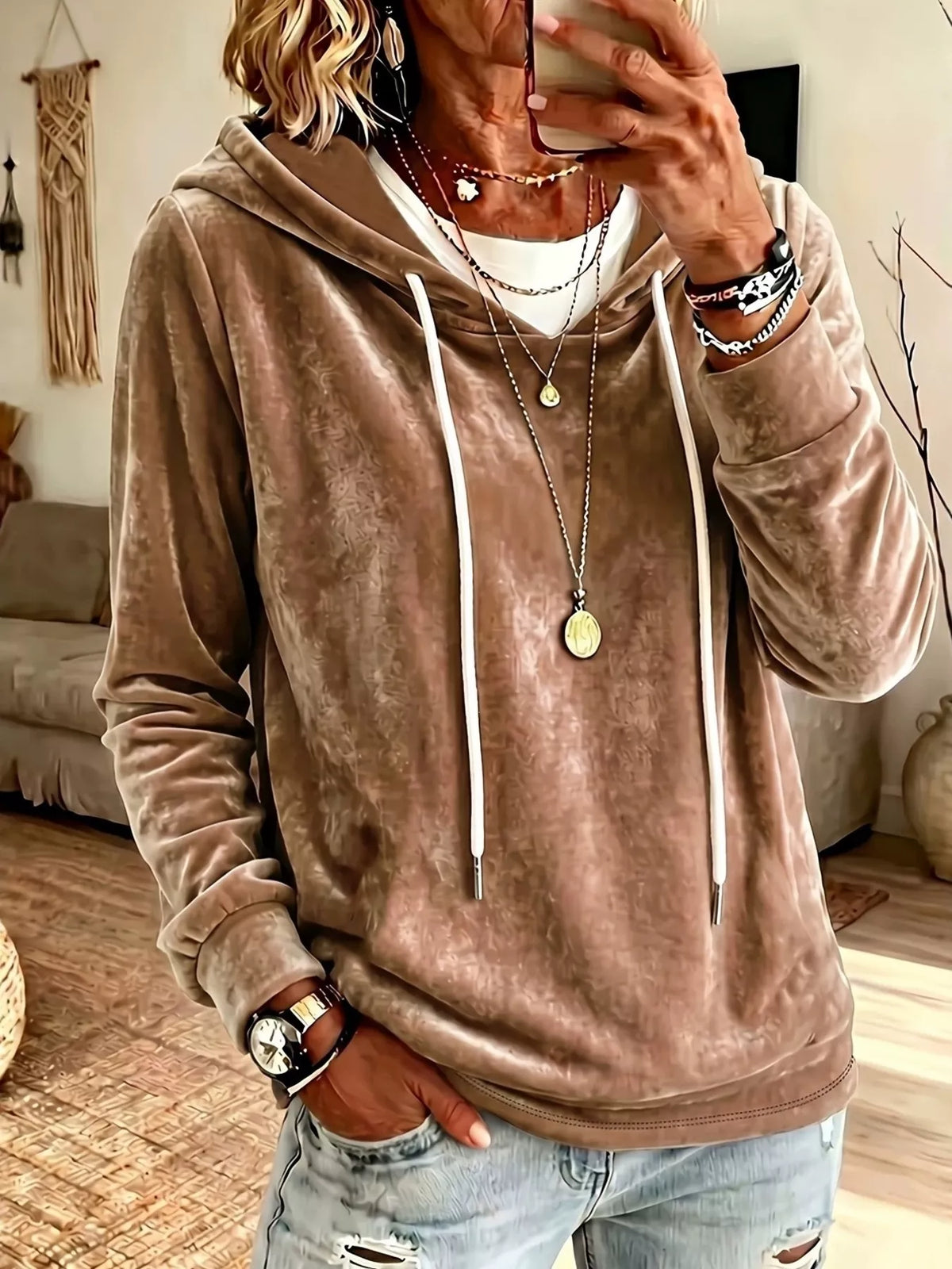 Full Size Drawstring Velvet Long Sleeve Hoodie Plus Size in Brown