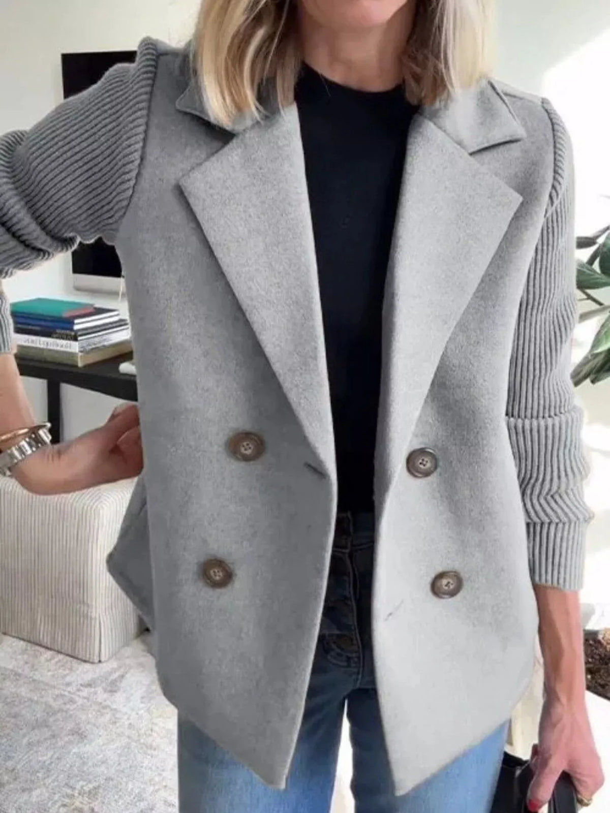 Full Size Knit Sleeve Double-Breasted Outerwear Plus Size in Light Gray