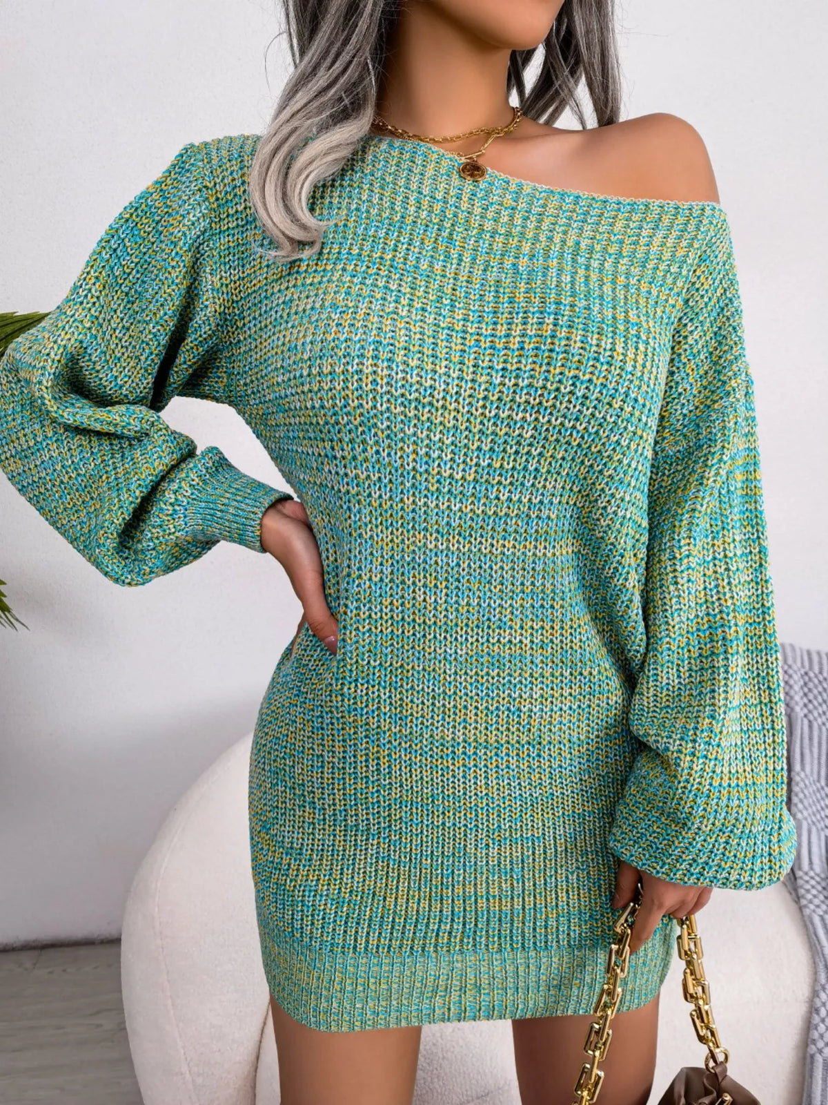 Multi-Color One-Shoulder Sweater Dress in Air Force Blue