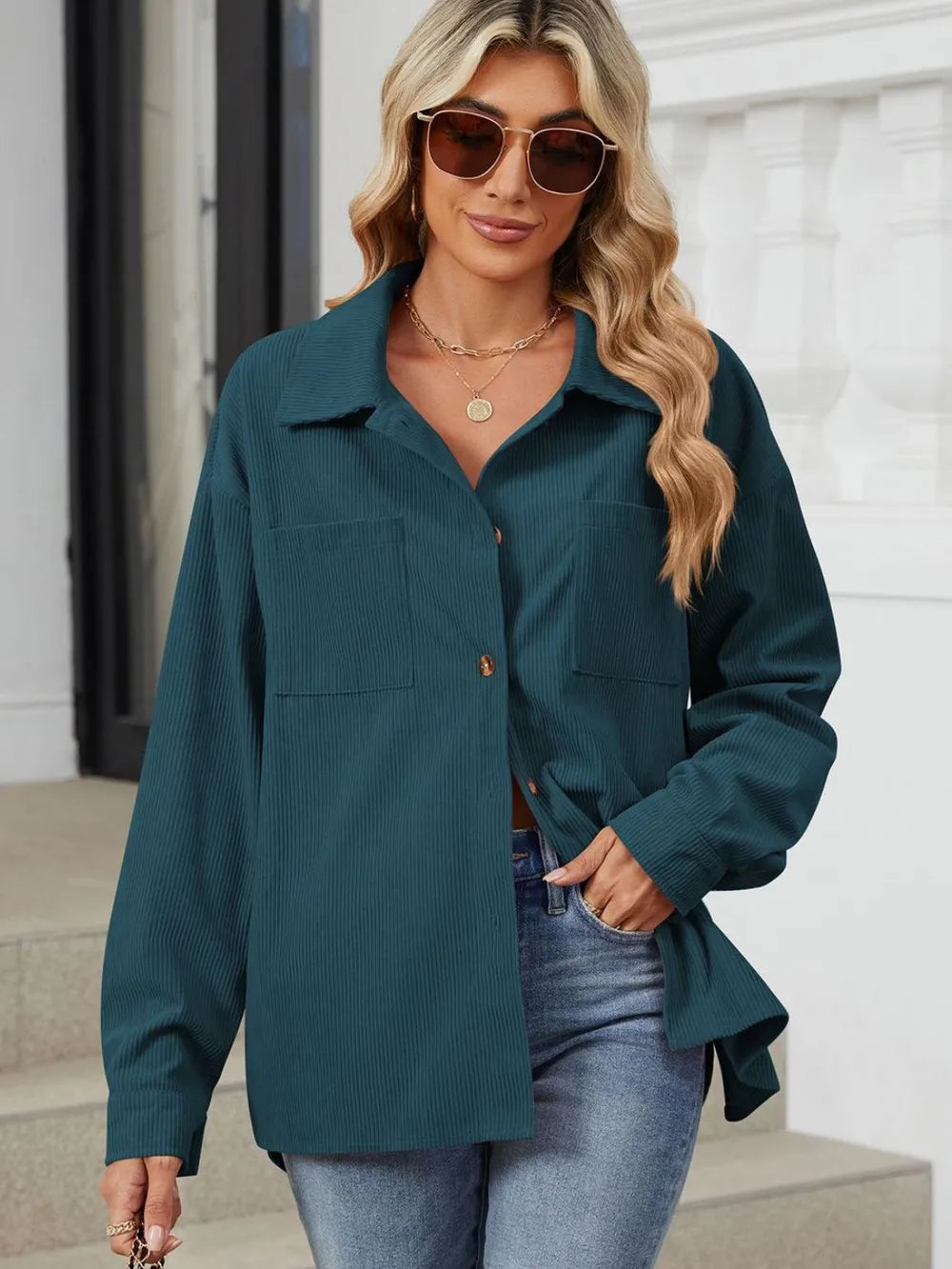 Button Up Dropped Shoulder Long Sleeve Outerwear - Lilixa.store