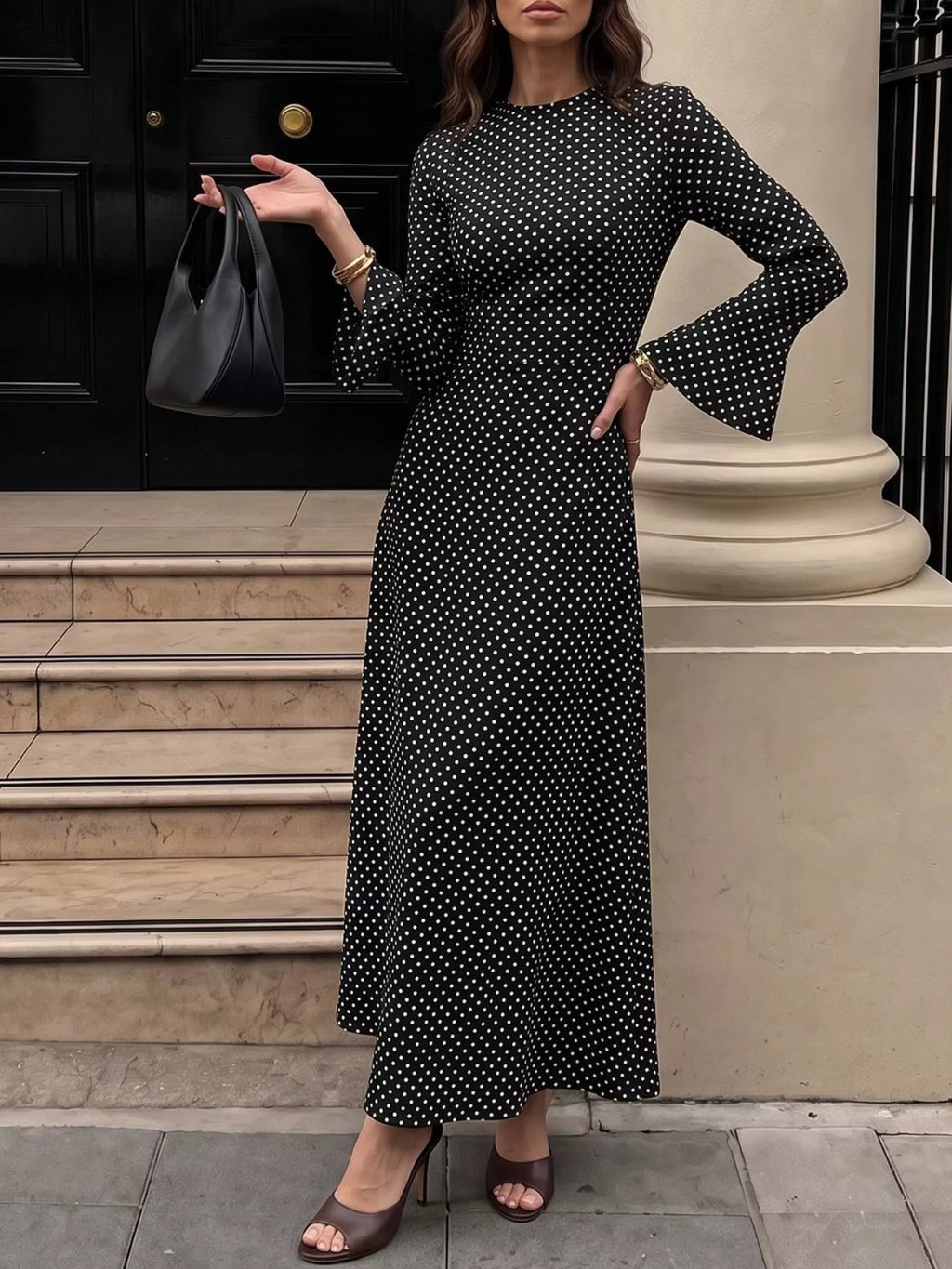 Polka Dot Flare Sleeve Maxi Dress - Lilixa.store