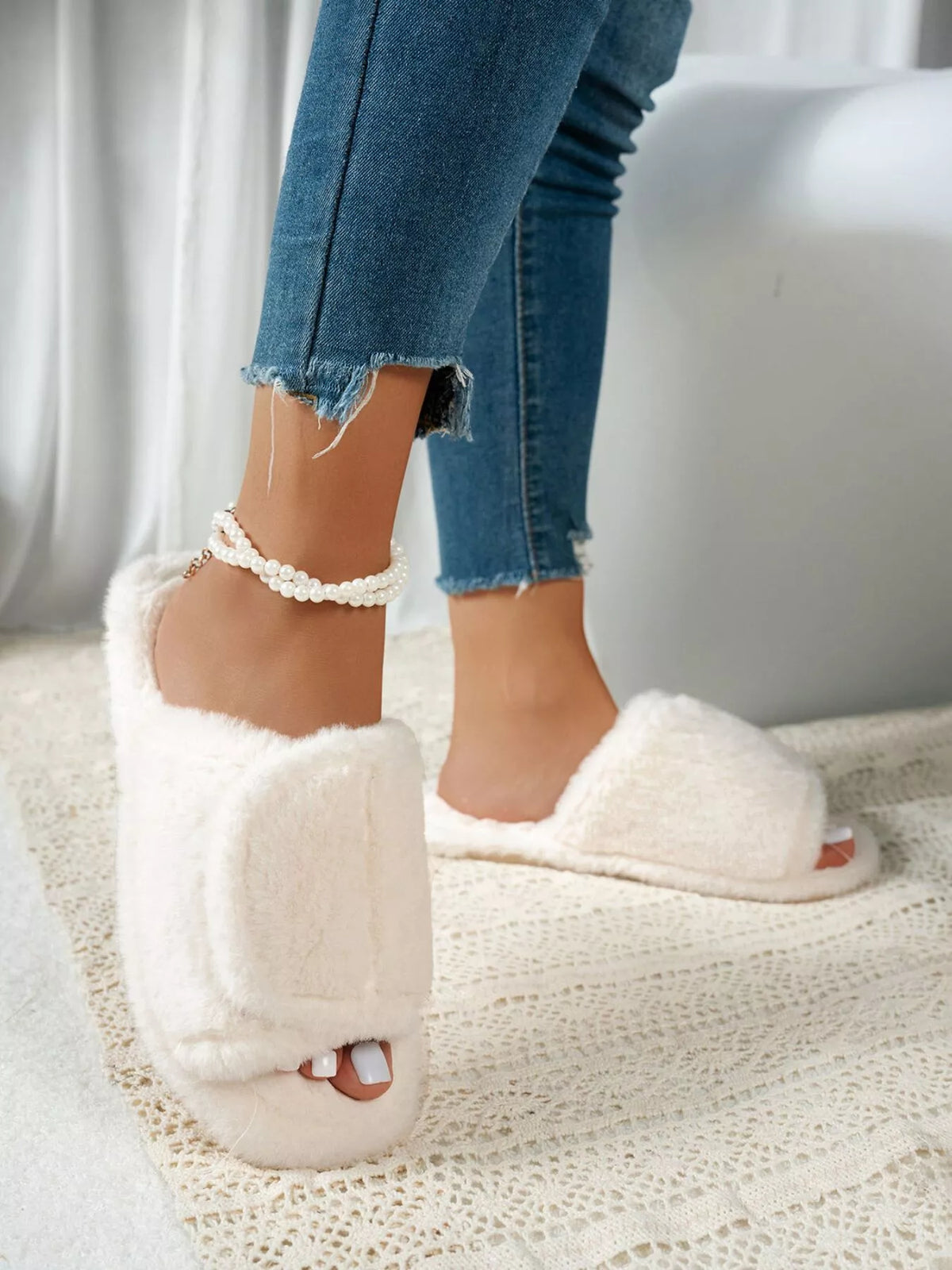 Fuzzy Open Toe Flats Slippers - Lilixa.store