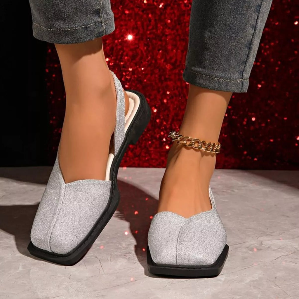 Square Toe Flats Sandals in Silver