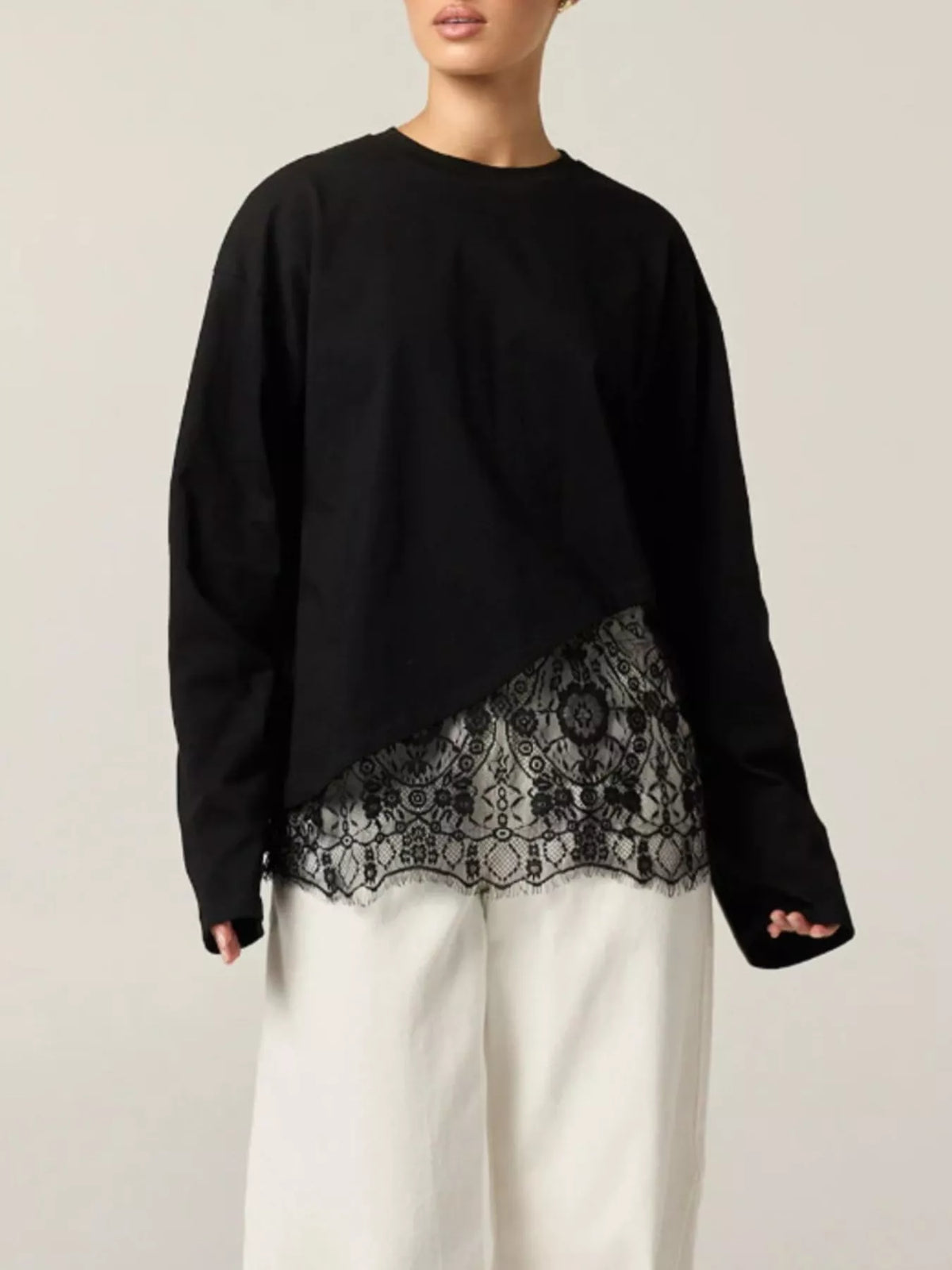 Long-Sleeve T-Shirt with Asymmetric Lace Hem - Lilixa.store