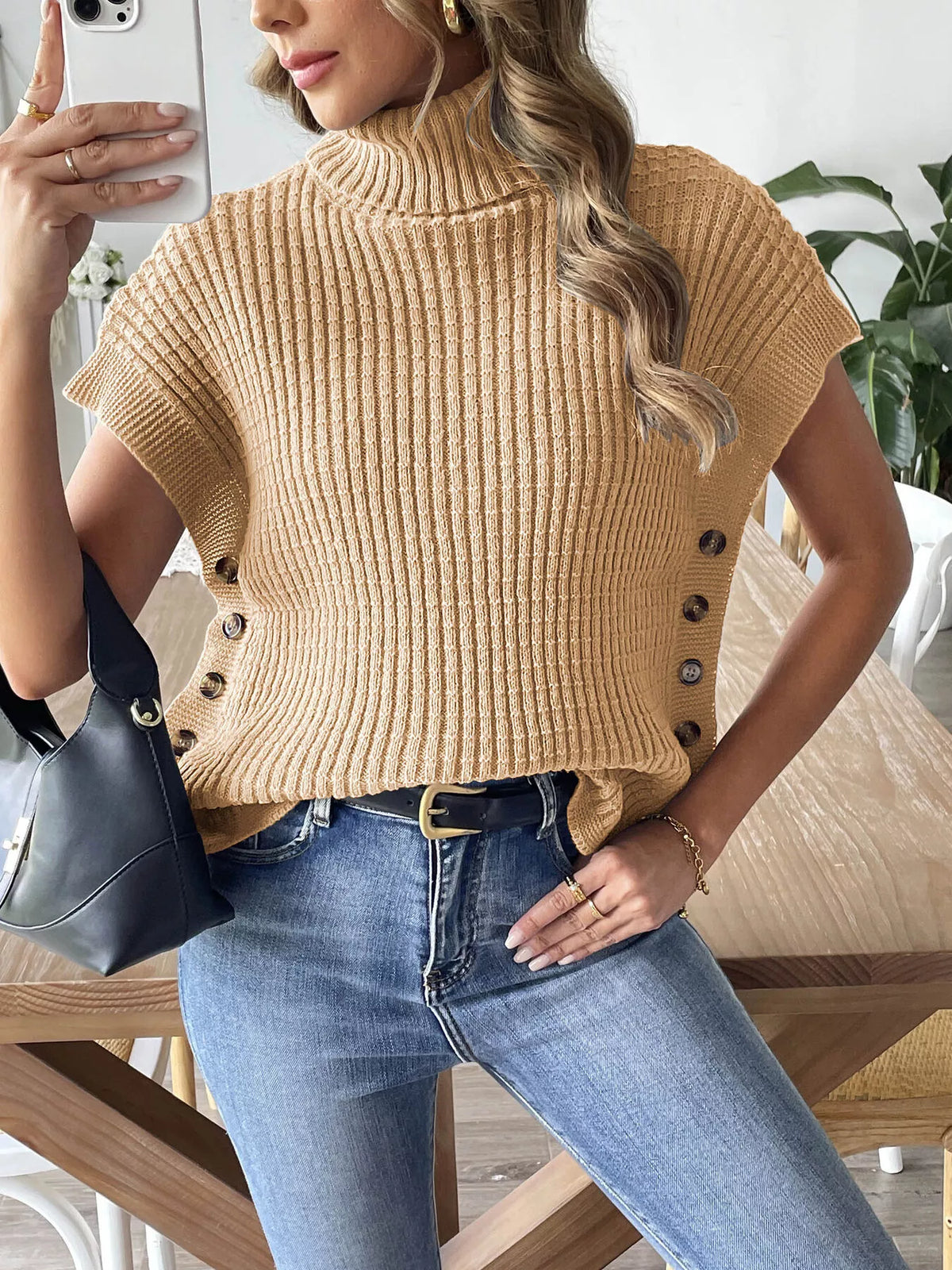 Ribbed Turtleneck Sweater with Side Button Detail in Camel