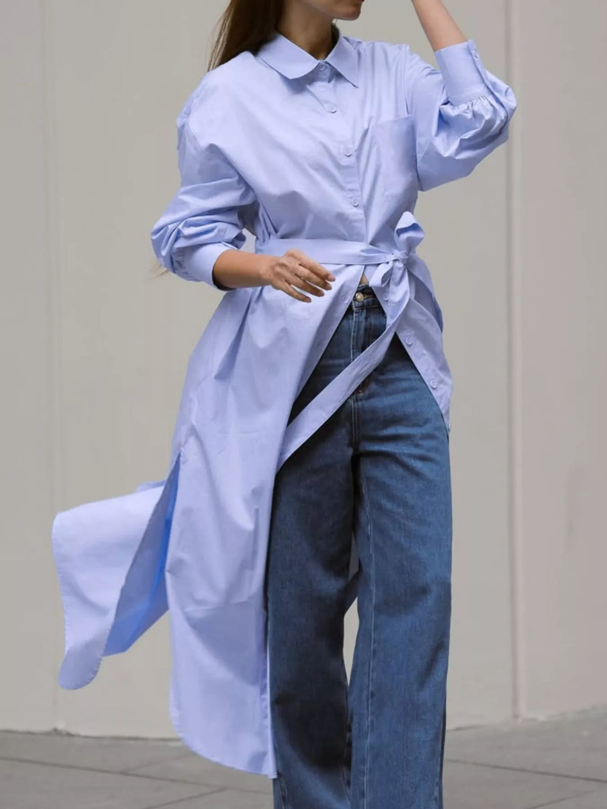 Longline Button-Down Shirt in Blue, view 2