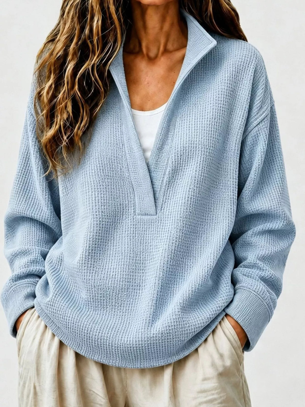 Full Size Waffle Knit Dropped Shoulder Sweatshirt Plus Size