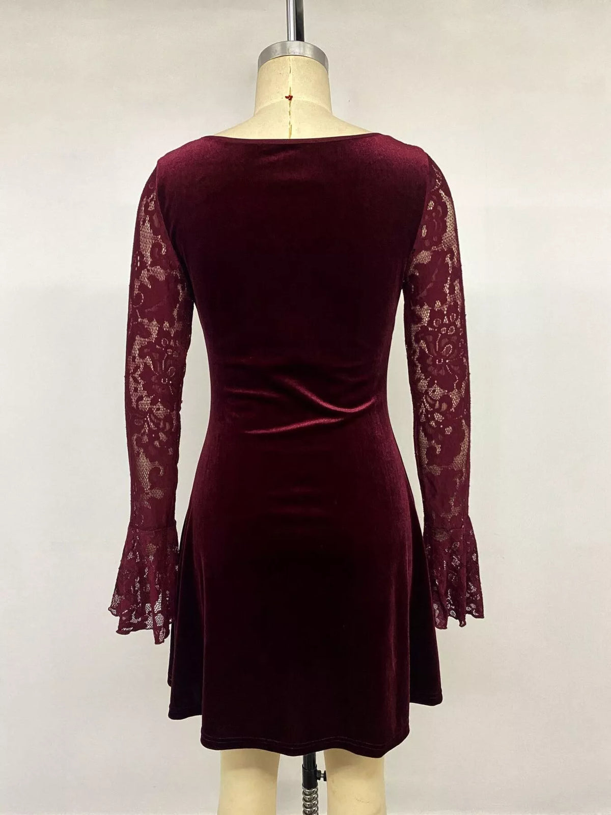 Lace Flare Sleeve Mini Dress in Burgundy, view 9
