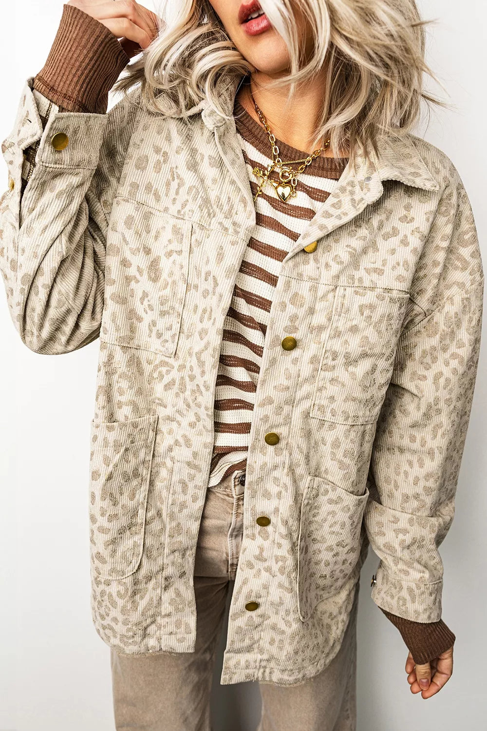 Leopard Print Corduroy Shirt Collar Long Sleeve Regular Fit Jacket in Khaki, view 6