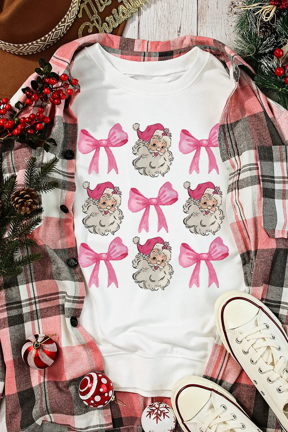 Santa & Bow Graphic Long Sleeve Sweatshirt - Lilixa.store