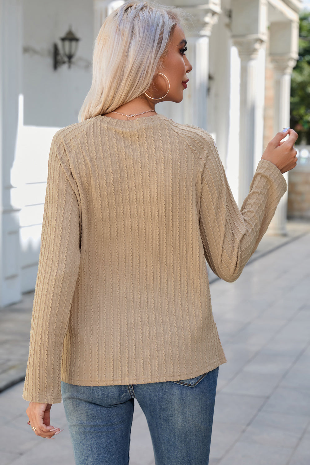 Round Neck Raglan Sleeve Ribbed Blouse - Lilixa.store