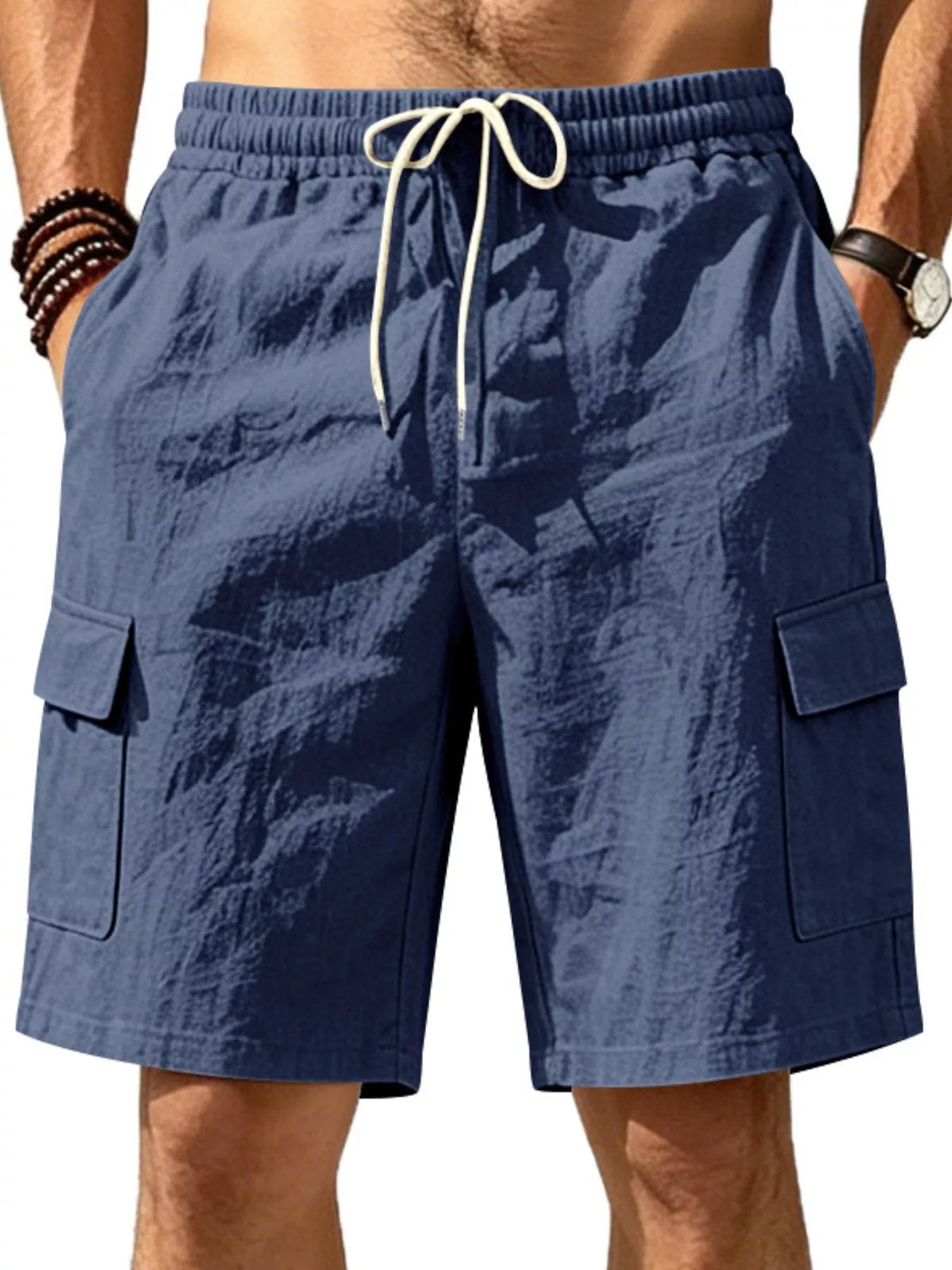 Men's Plus Size Casual Cargo Shorts with Drawstring Waist in Navy Blue