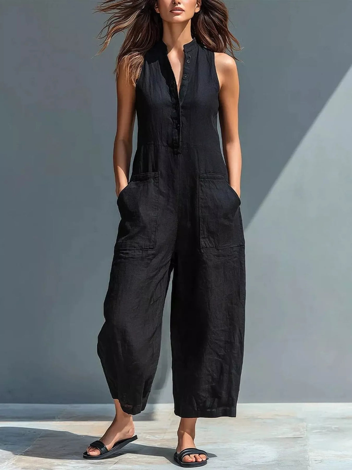 Full Size Button Front Sleeveless Jumpsuit Plus Size - Lilixa.store