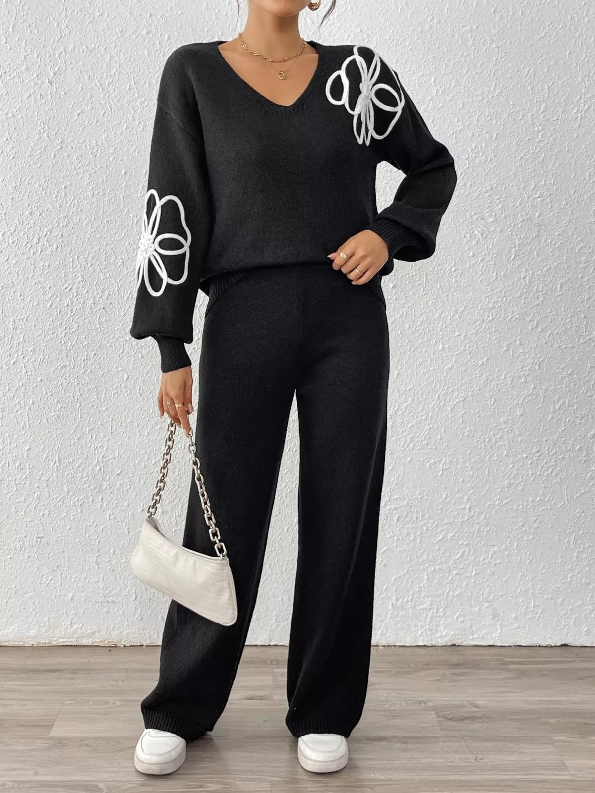 V-Neck Dropped Shoulder Top and Pants Sweater Set