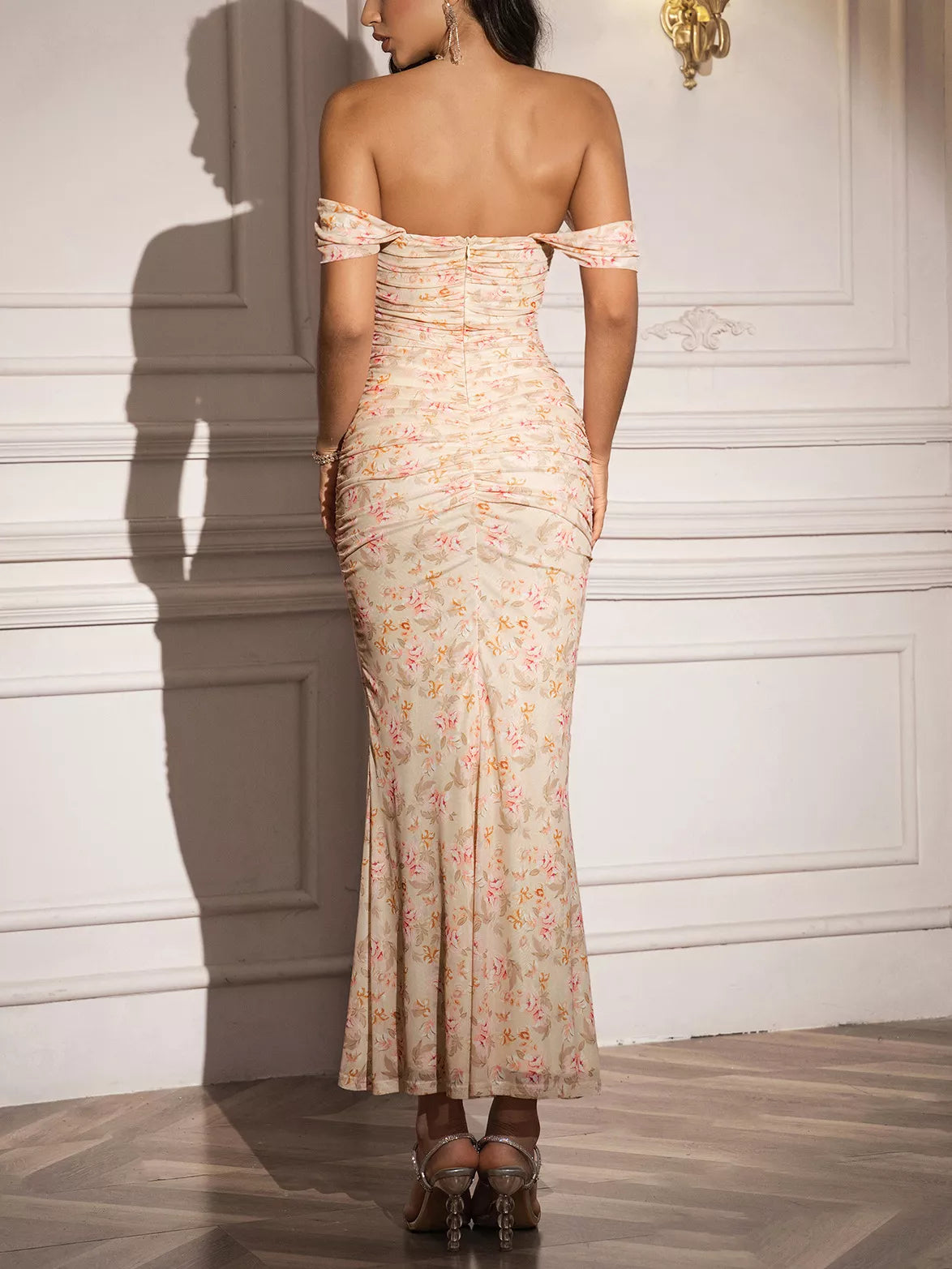 Off-Shoulder Ruched Floral Mermaid Dress - Lilixa.store