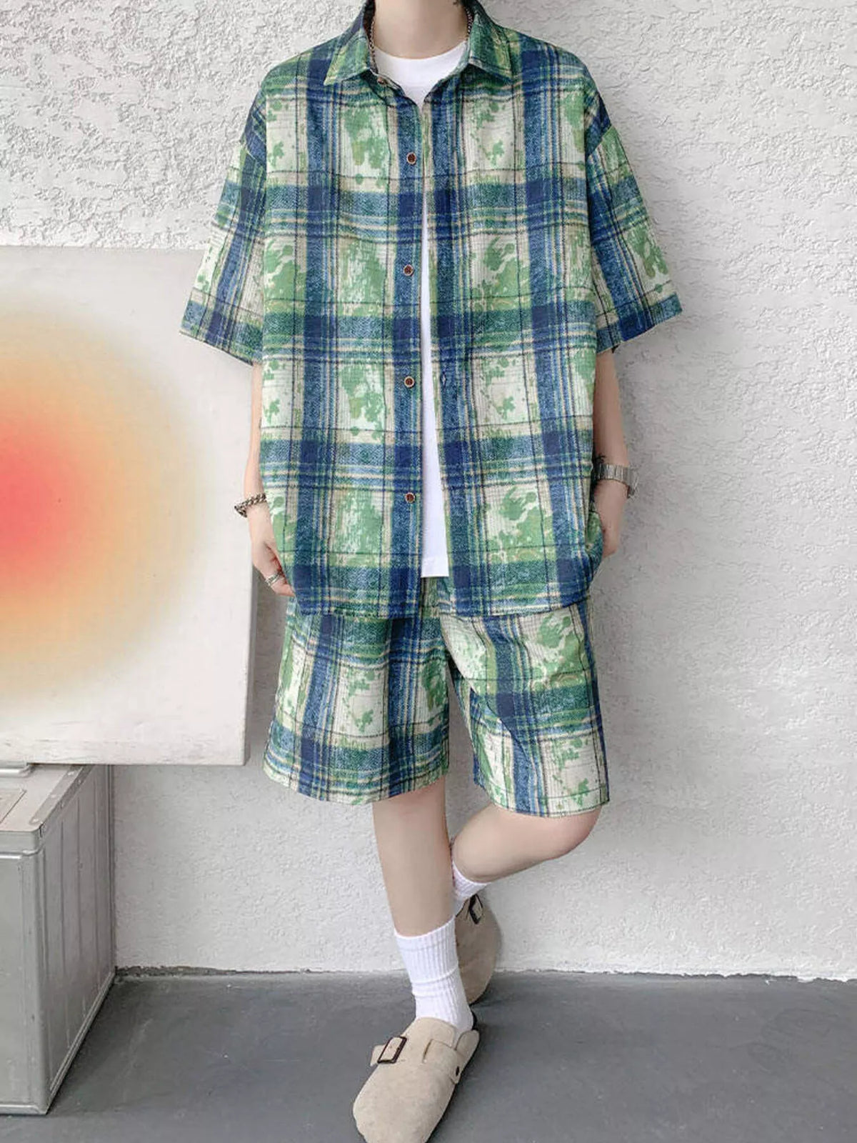 Men's Plus Size Casual Plaid Print Shirt & Shorts Set, view 6