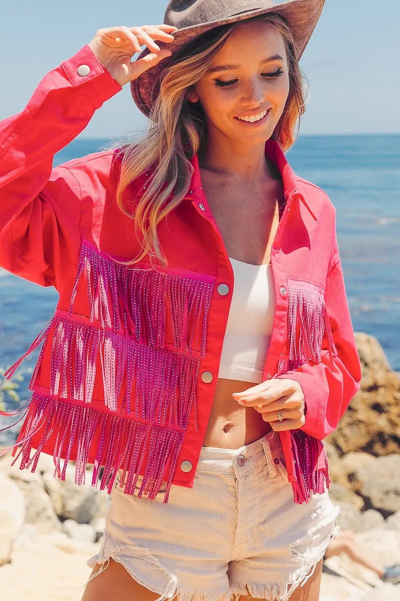 BiBi Rhinestone Fringe with Studed Collar Jacket in Fuchsia, view 2