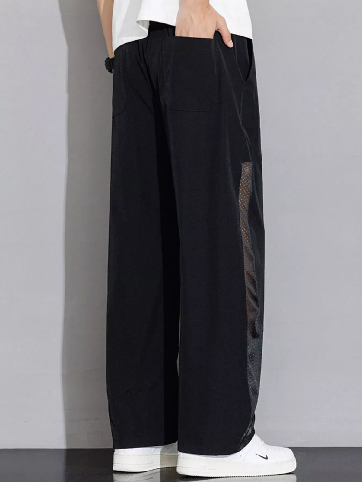 Men's Plus Size Drawstring Wide Leg Mesh Panel Pants, view 3
