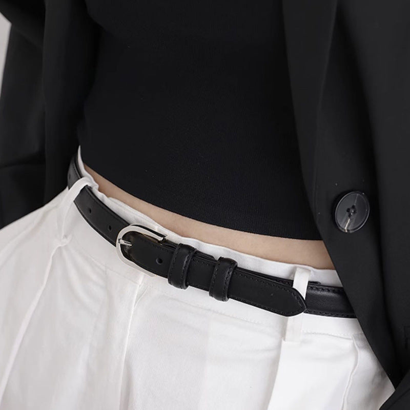 Skinny Leather Belt with Silver Buckle - Lilixa.store